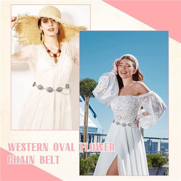 Western Metal Oval Concho Chain Belt Silver Belts Adjustable Belts for Jeans main image 5